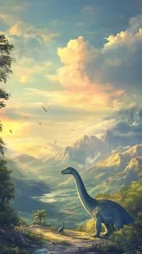 Sunlit sauropods roaming a misty primeval mountain valley.