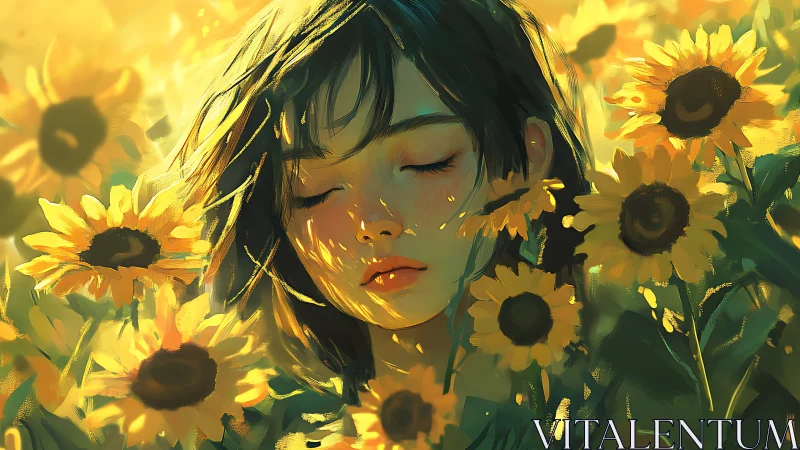 Digital painting portrait of girl resting in radiant sunflowers.