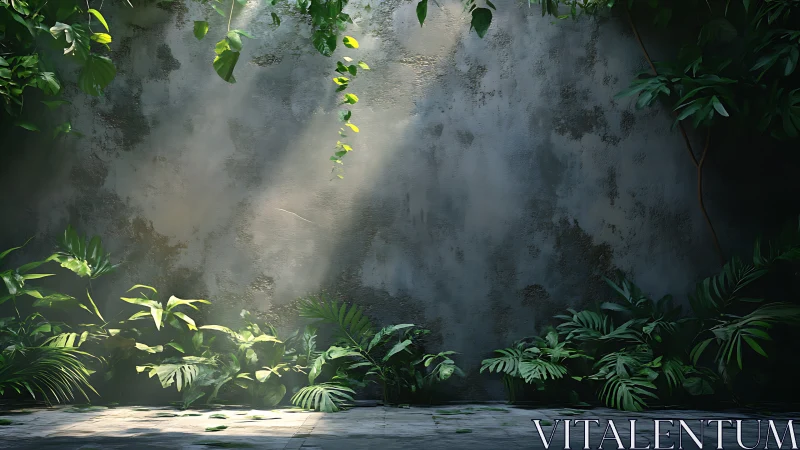 Sunlit jungle leaves soften a weathered concrete wall.