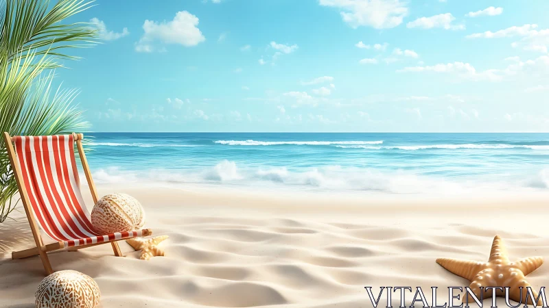 Photorealistic coastal lounge with striped deck chair focus.