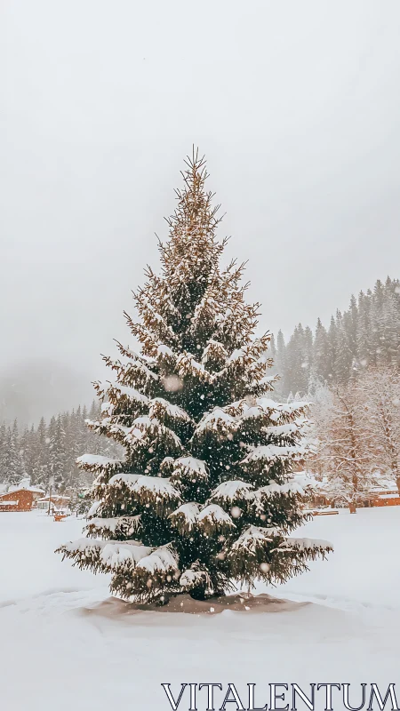 Solitary snow-laden fir tree anchors a misty alpine meadow