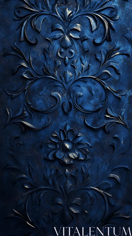 Velvety blue floral relief alive with graceful swirling curves.