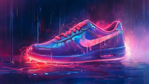 Neon sneaker glows within dripping cyberpunk liquid light