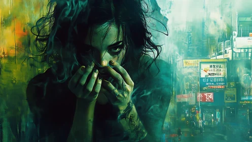 Woman stands in smoky foreground before dense neon cityscape