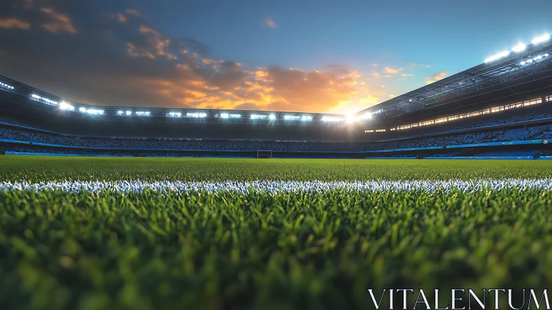 Football stadium pitch viewed from ground level at sunset