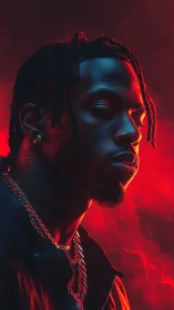 Side profile portrait in red and blue dramatic lighting.