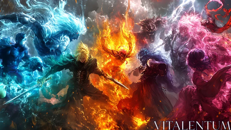 Elemental combatants in high-energy symmetrical clash panorama.