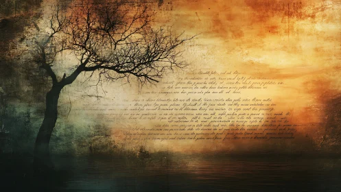 Bare tree silhouette with textured script background image.