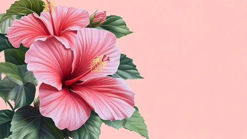 Blooming Pink Hibiscus Against Soft Blush Background.