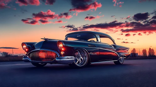 Photorealistic lowrider coupe at neon sunset horizonline.