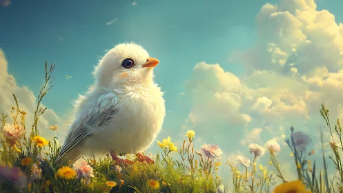 Small white bird in flower meadow under clouded sky.