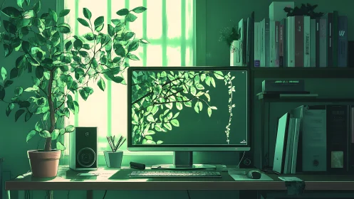 Home workspace with green foliage and computer monitor.