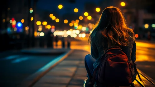 Solitary figure with backpack observes defocused nocturnal city