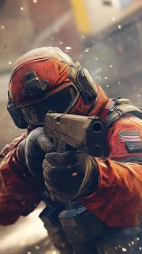 Tactical operator aiming sidearm in dynamic urban firefight