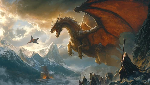 Epic fantasy dragon siege over alpine battlefield panorama.