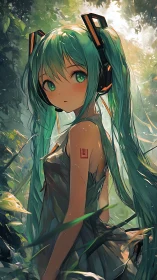 Forest cyber girl gazes back through dappled sunlight.