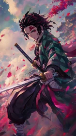 Blade-lit sky dance of a lone anime swordsman in bloom.