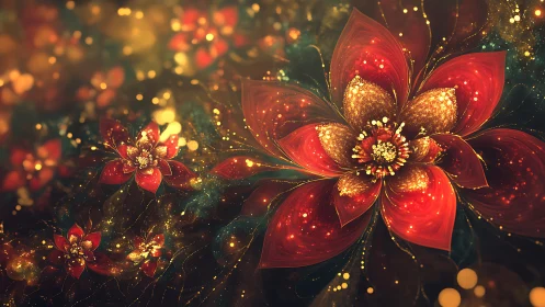 Luminous fractal florals with radiant particle diffusion fields.