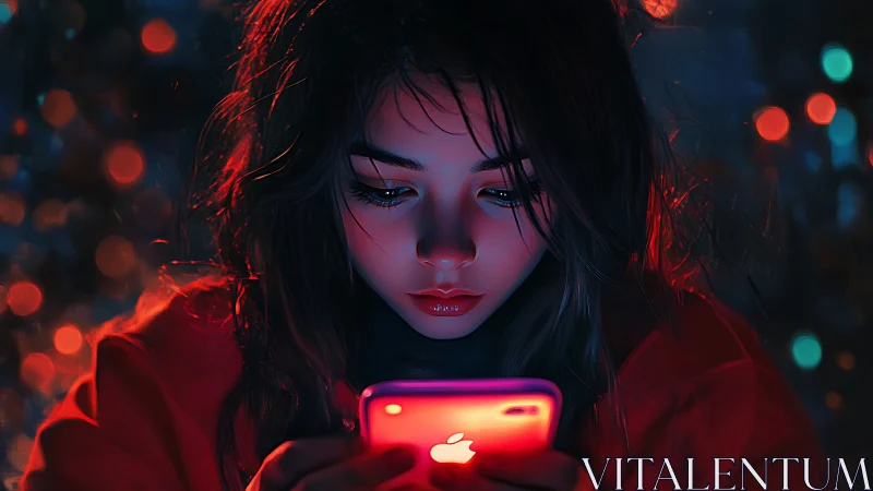 Cozy night glow as a thoughtful girl scrolls her phone.