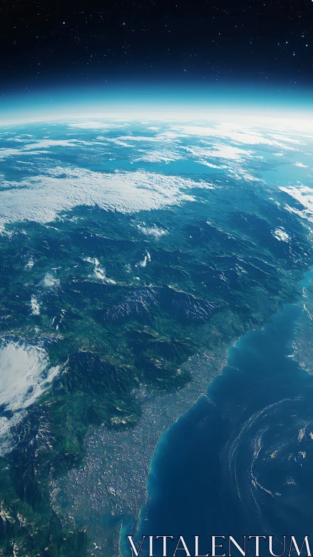 Curved Earth horizon with coastal mountains from space.