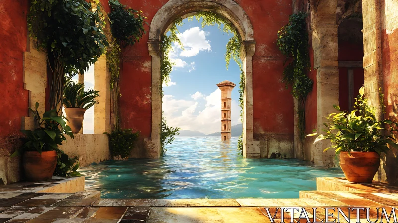 Digital painting of flooded Mediterranean archway courtyard.