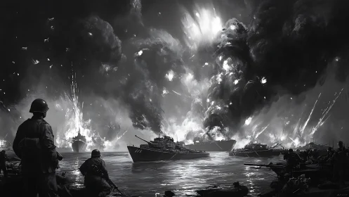 Naval Battle at Sea. Soldiers Witness Explosive Warfare.