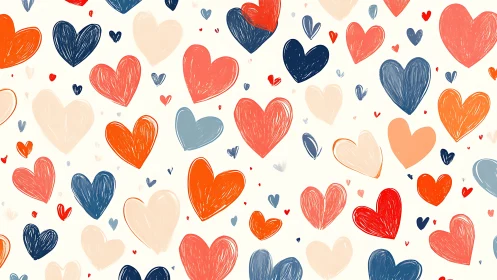 Hand-drawn hearts in red, navy, cream on white background.