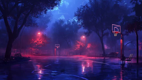 Neon-lit basketball court glows through midnight summer rain.