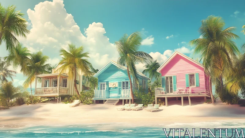 Colorful beach cabins with palm trees in coastal light.