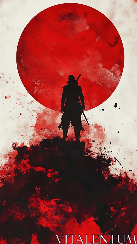 Silhouetted samurai against abstract crimson solar disc.