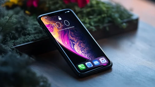 Black iPhone with Vibrant Liquid Wallpaper on Stone Surface.