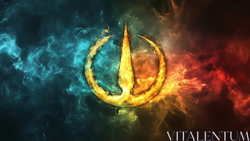 Bifurcated fire power symbol within duotone nebular plasma field.