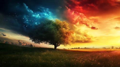 Solitary tree dividing contrasting sky and landscape.