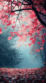 Red autumn leaves over misty forest path scene.