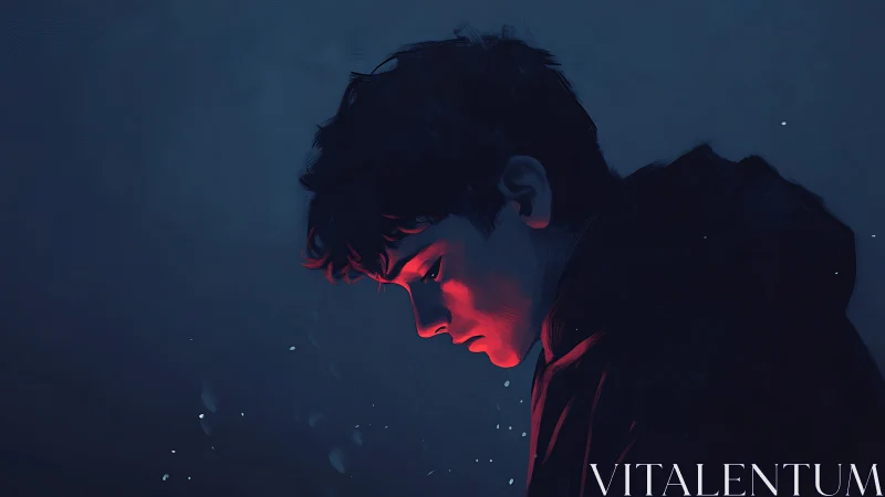 Fallen ember glow tracing a solitary boy in midnight blue.