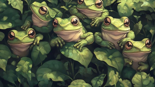 Leafy council of wide-eyed frogs plotting gentle mischief.