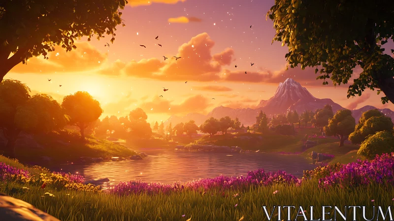 Digital painting sunset landscape with lake and distant peak.