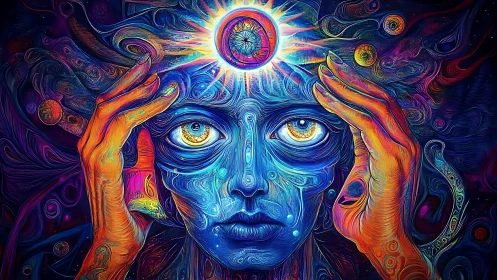 Cosmic third eye awakens in a vivid psychedelic mindscape