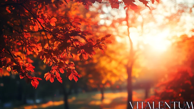 Red autumn maple leaves against blurred sunlit woodland.