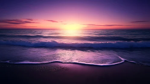 Chromatic shoreline gradient at dusk with reflective wavefronts.