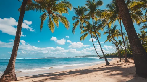 Tropical Beach with Palm Trees and Turquoise Ocean Waters