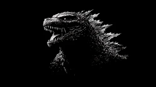 Roaring kaiju silhouette in stark monochrome profile art.
