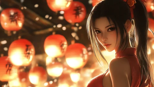 Lantern-lit woman in red dress amid warm festival glow.