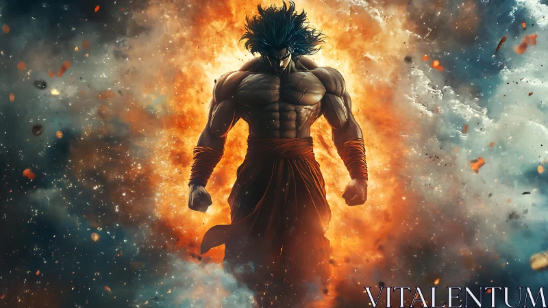 Explosive warrior silhouette emerges through blazing cosmic storm