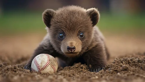 Brown bear cub lying on soil beside a used baseball.