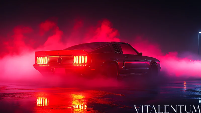Retro coupe in red backlight within night fog scene.