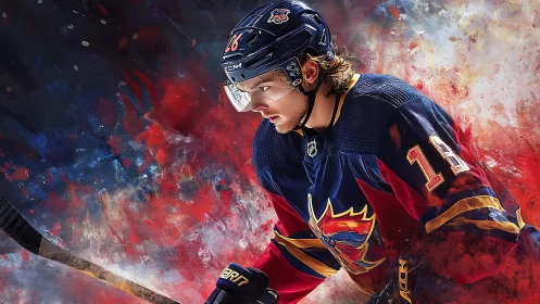 Electric ice hockey hero charging through vivid color storm.