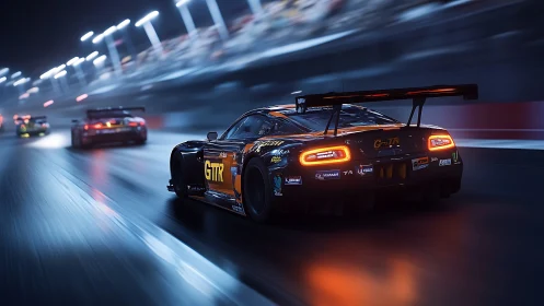 GT race car accelerates through wet neon night circuit
