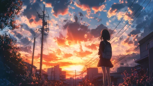 Schoolgirl observing vivid urban sunset sky in silhouette.