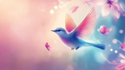 Pastel songbird glides through luminous cherry blossoms.